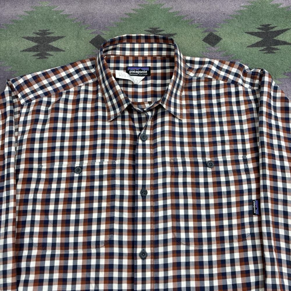 Patagonia Button Up Shirt Men's Medium Brown Plaid Check Long Sleeve Cotton - Picture 5 of 10